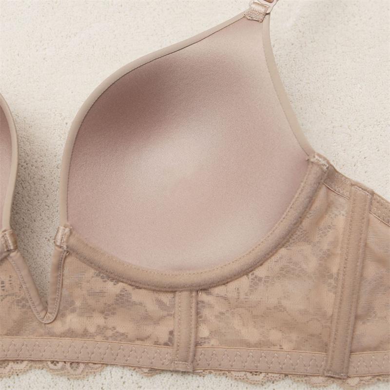 Французский сексуальный бюстгальтер с глубоким V-образным вырезом, бесшовное нижнее белье, женские кружевные бюстгальтеры с вышивкой, пуш-ап, летний бюстгальтер со съемным ремешком и открытой спиной