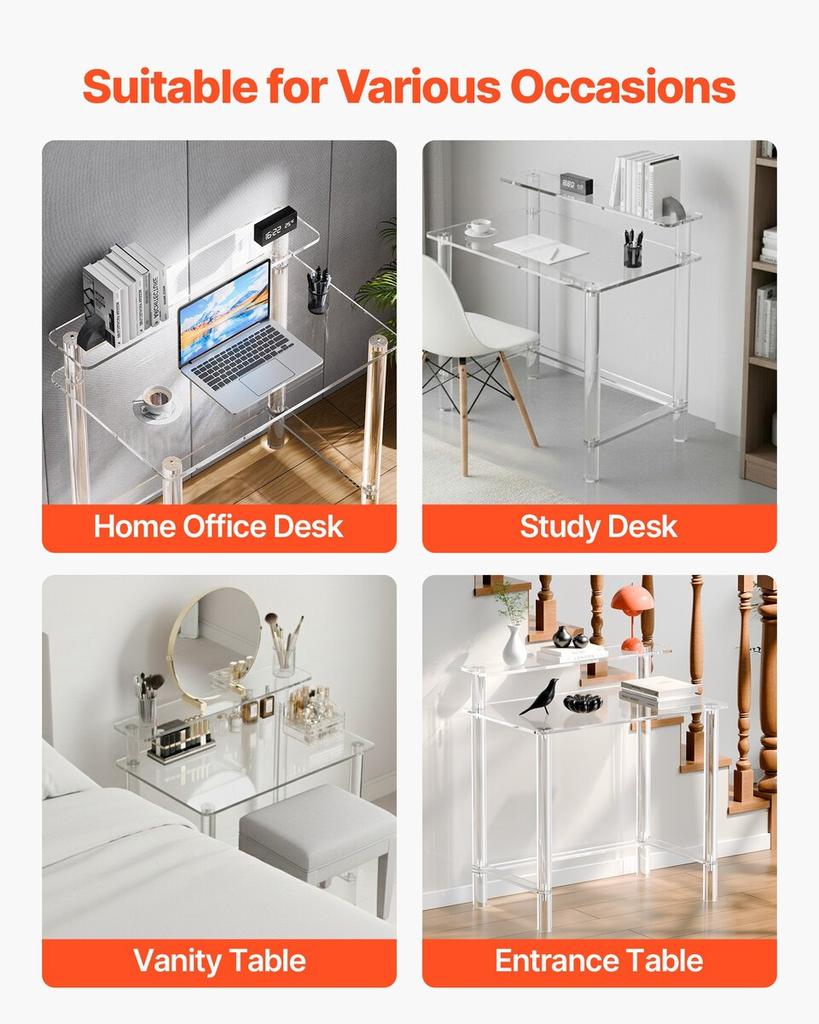 Acrylic Table, 2 Tiers Clear Office Desk with Monitor Stand, Acrylic Study Computer Desk, Modern Side End Table Nightstand for Bedroom, Office, Study,