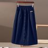 Spring and Summer Elastic High Waisted Skirt with Large Pockets and Slit for Slimming Effect, Mid To Long Solid Color A-line Skirt