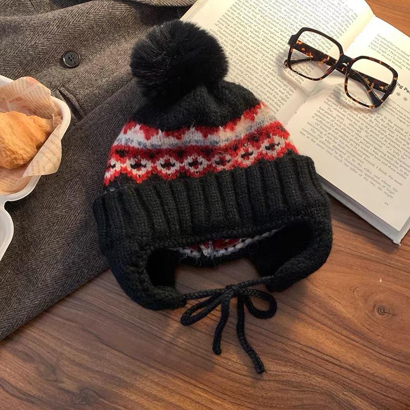 Женская вязаная шапка-бини с ушками в стиле Fair Isle - Теплая толстая шапка для осени и зимы