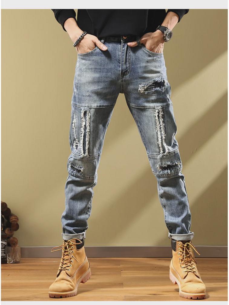 Мужские модные облегающие рваные джинсы скинни с эластичной тканью и нашитыми заплатками