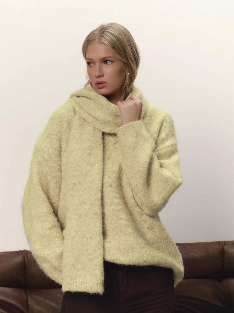 Women's Fall Winter Wool Sweater Set Loose Cozy Knit Top with Scarf, Cream White