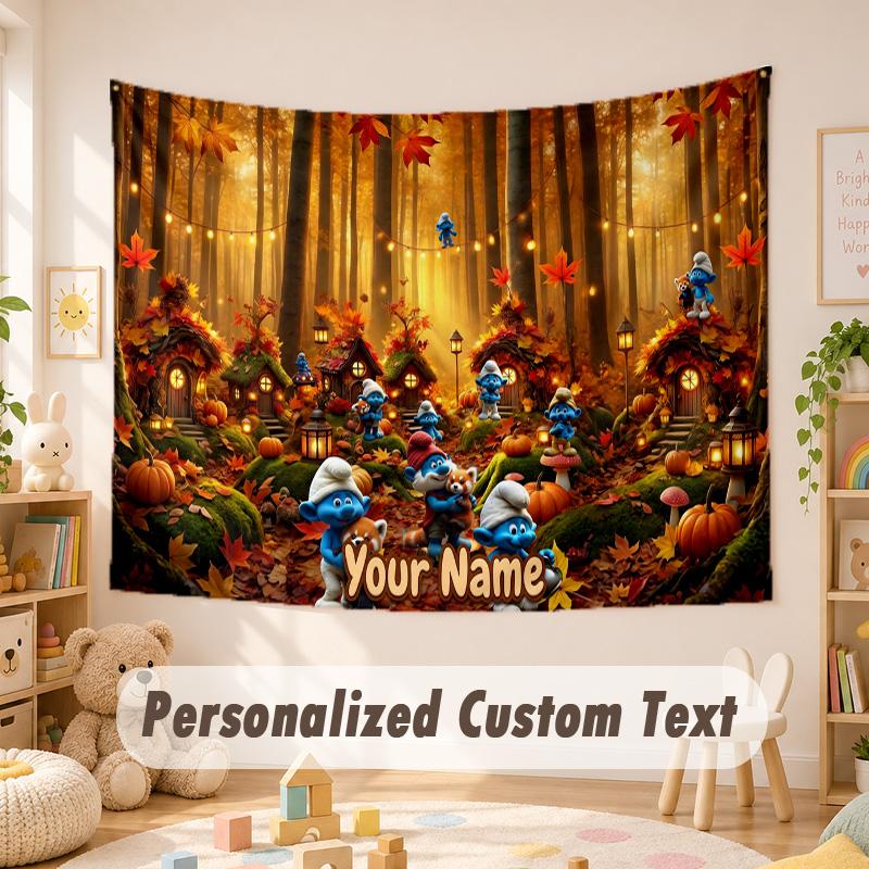 Custom Name Text Tapestry,Smurfs Boho Wall Hanging, Decorative Backdrop Tapestry For Room
