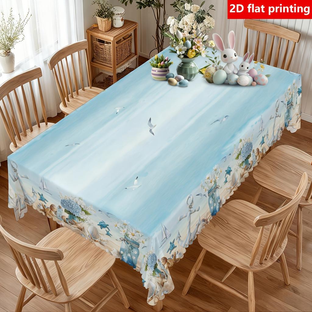 2D Flat Printing, 1pc, Summer Ocean-Themed Tablecloth, with Marine, Beach, Anchor, Turtle, Shell Pattern Design, Multiple Sizes Available, Perfect for