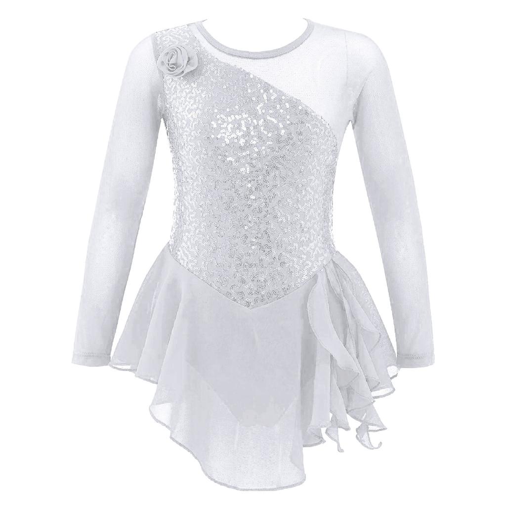 Girls Long Sleeve Mesh Patchwork Style Irregular Sequins Decor Dress Skating Dance Gymnastic Dress
