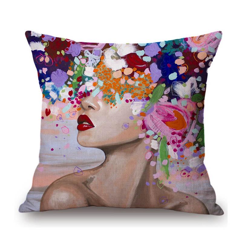 Modern Flower Head Girl Oil Painting Art Cotton Linen Sofa Throw Pillow Case Fashion Floral Lady Decoration Cushion Cover