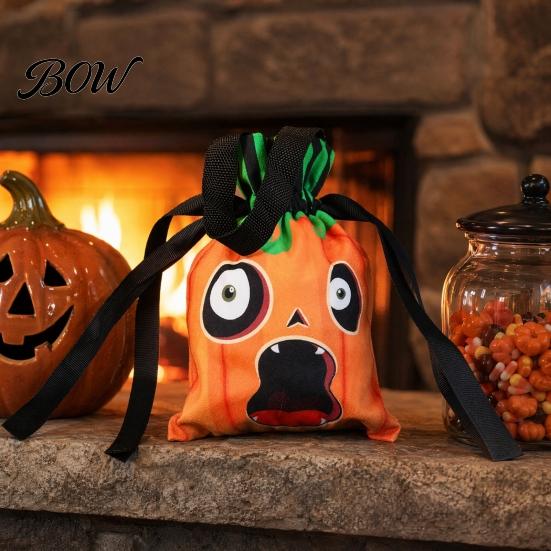 Double Sided Print Treat Bag Halloween Pumpkin Ghost Tote Bag, Trick or Candy with Shoulder Strap Side Print, Sturdy Reusable Party Favor Gift