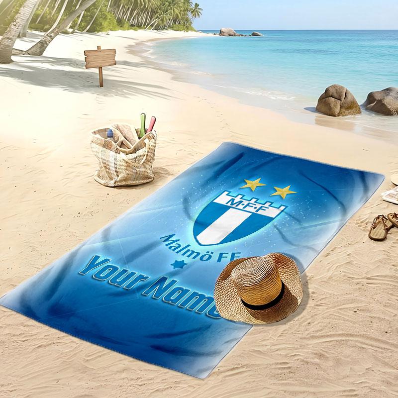 Malmö FF Personalized Printed Beach Towel Soccer Logo Support Custom Name Text Absorbent Towel For Sport Travel Special Gift