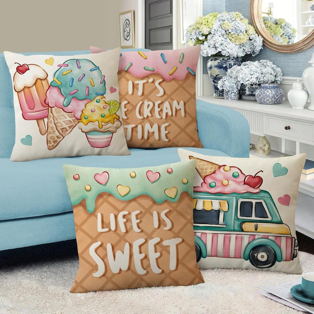 Summer It'S Ice Cream Time Decorative Throw Pillow Covers 18 X 18 Set Of 4, Life Is Sweet Waffle Truck Porch Patio Pillowcase