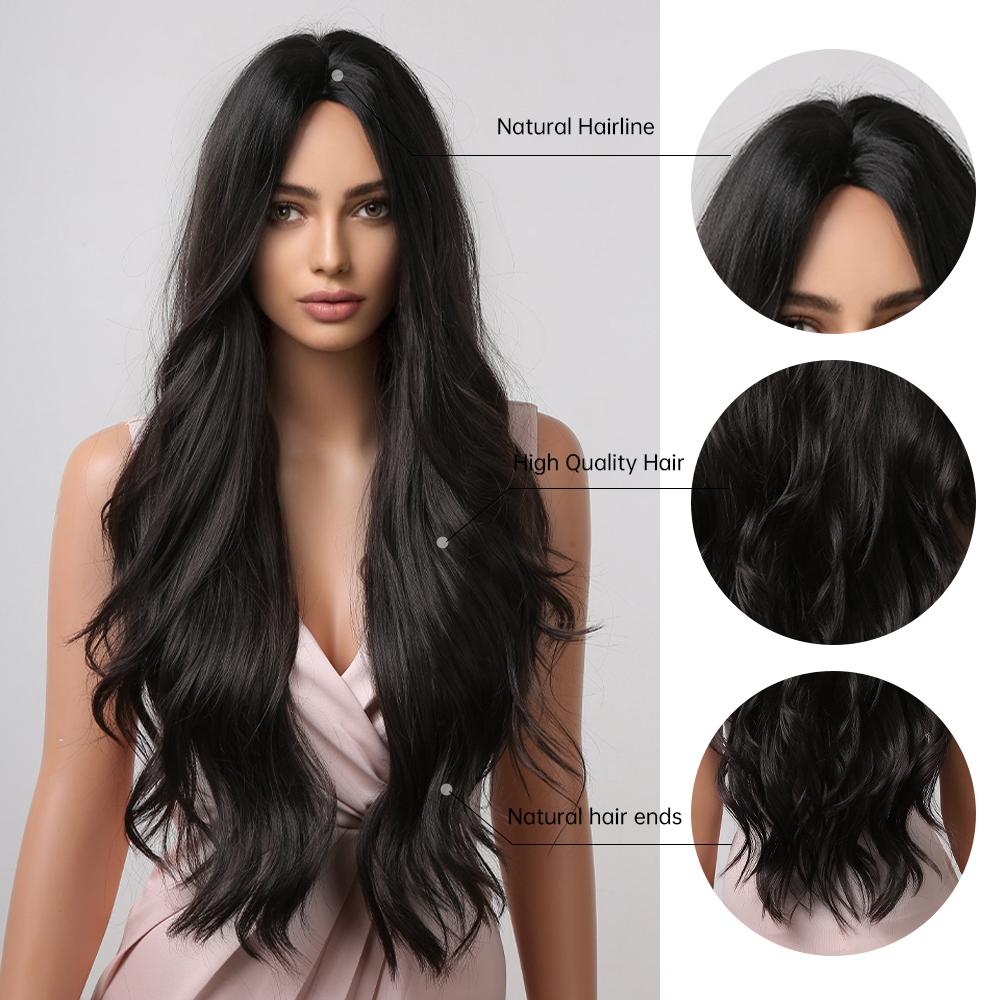 Long Wavy Synthetic Wigs for Black Women Dark Brown Wig Natural Middle Parting Wavy Daily Cosplay Hair Heat Resistant