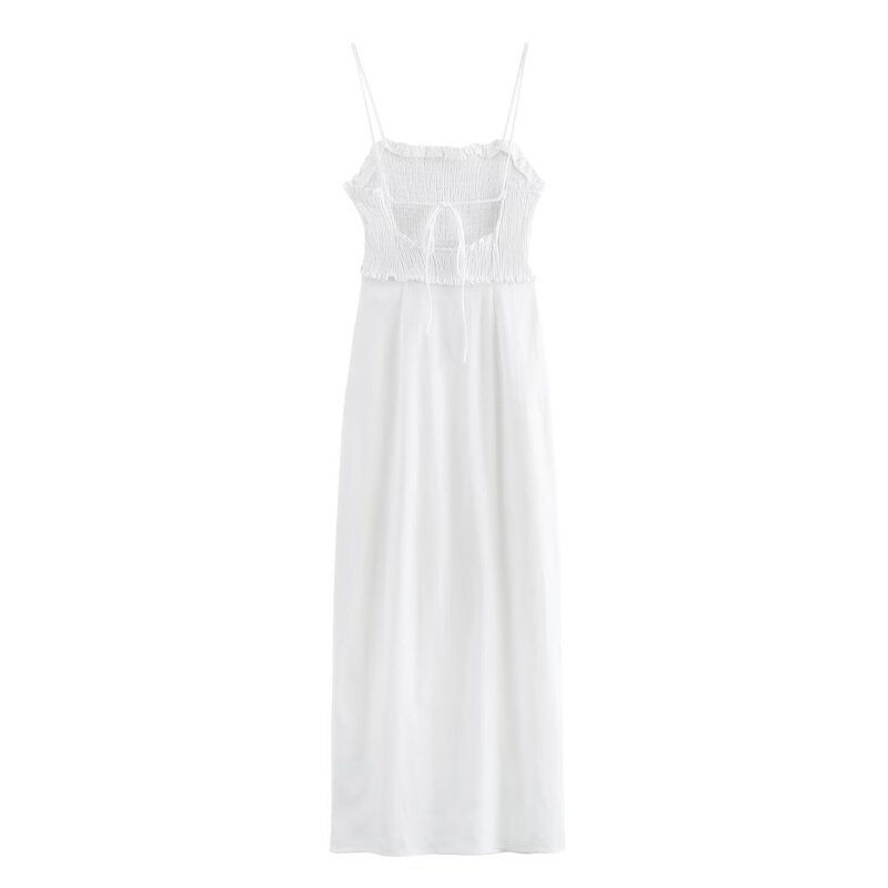 2024 Summer New Honeycomb Plaid Stretch Chest Linen Blended Split White Suspender Dress 3194729