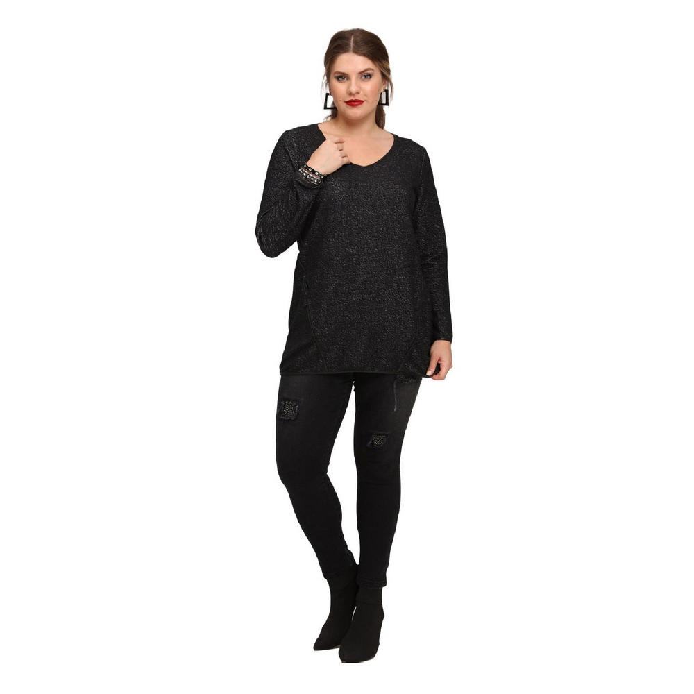Fierte Женская блузка большого размера Lm43210 с v-образным вырезом, потайным карманом на молнии и длинным рукавом, черная