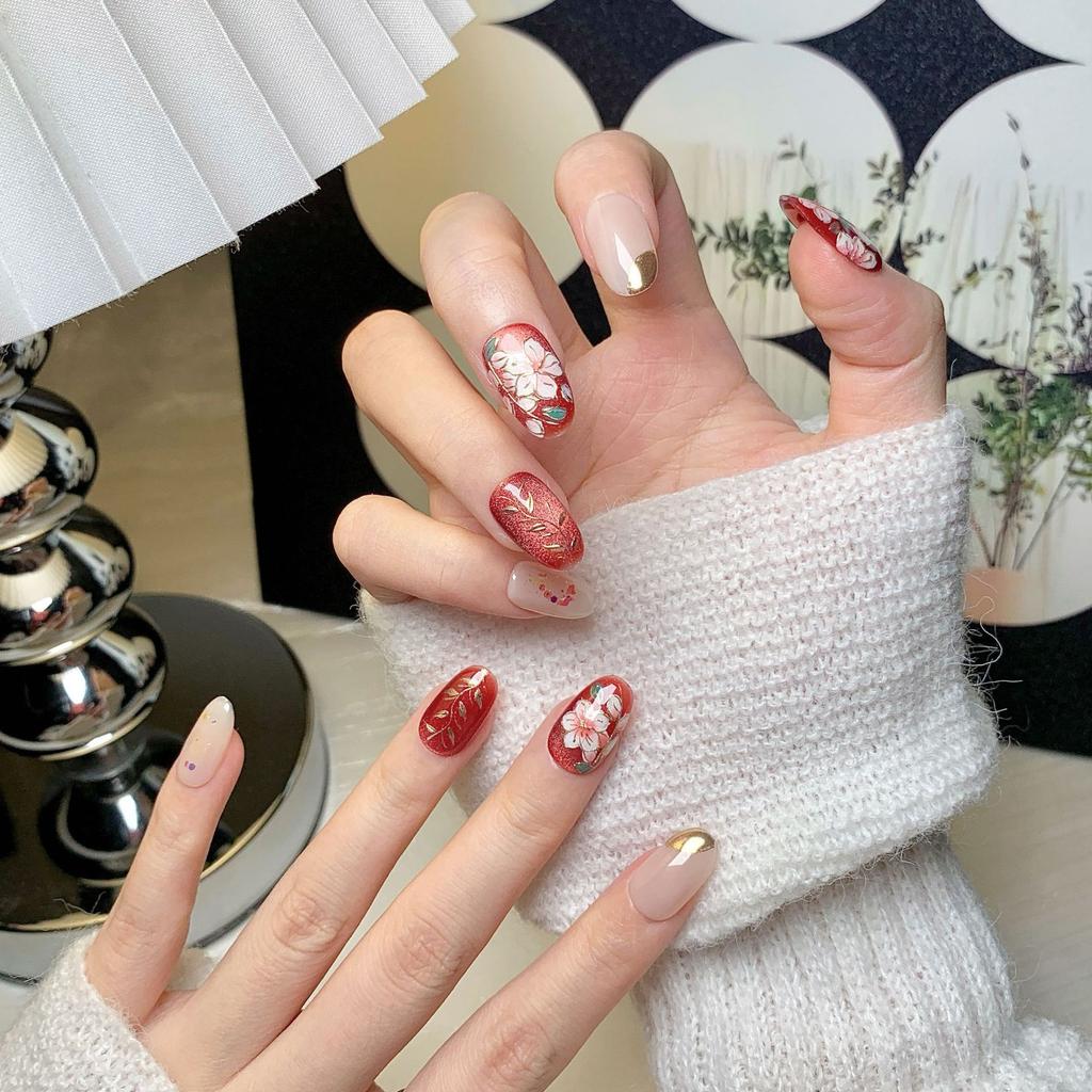 Pure‑Handmade Press‑On Nails Mid‑Short‑Length Hand‑Painted Floral Cat‑Eye Premium False Nail Tips
