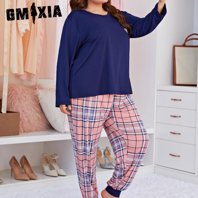 GMXIA Женская пижама с принтом, большого размера, с длинным рукавом, комплект из двух предметов для дома