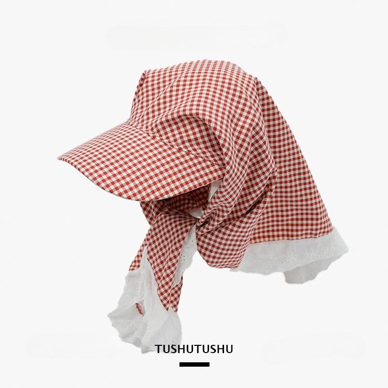2025 Pastoral Lace Headscarf Women's Fashionable Plaid Triangular Duck Tongue Headscarf Hat Summer Travel Vacation Sun Hat