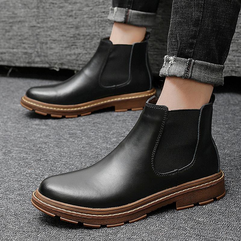 Men Warm Chelsea Boots Winter Men Boots Shoes New Fashion Leather Boots Comfortable Ankle Boots Short Plush Winter Warm Shoes