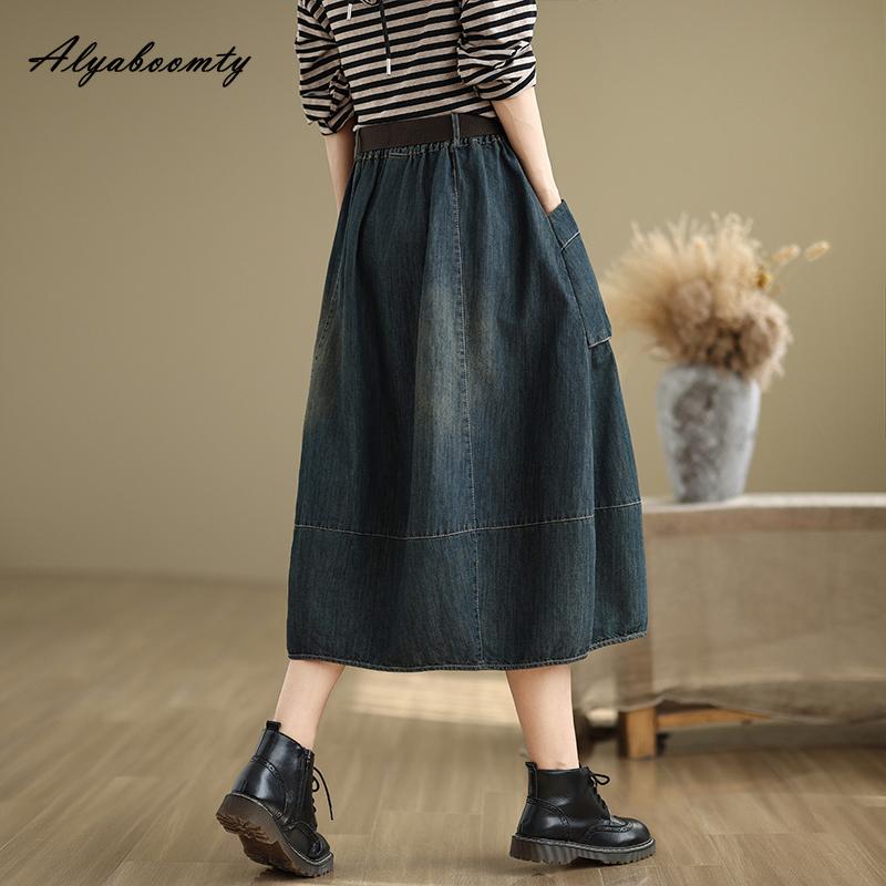 Плюс размер весна осень женская джинсовая юбка с высокой талией стираная хлопковая мешковатая юбка винтажная джинсовая юбка с поясом и карманами