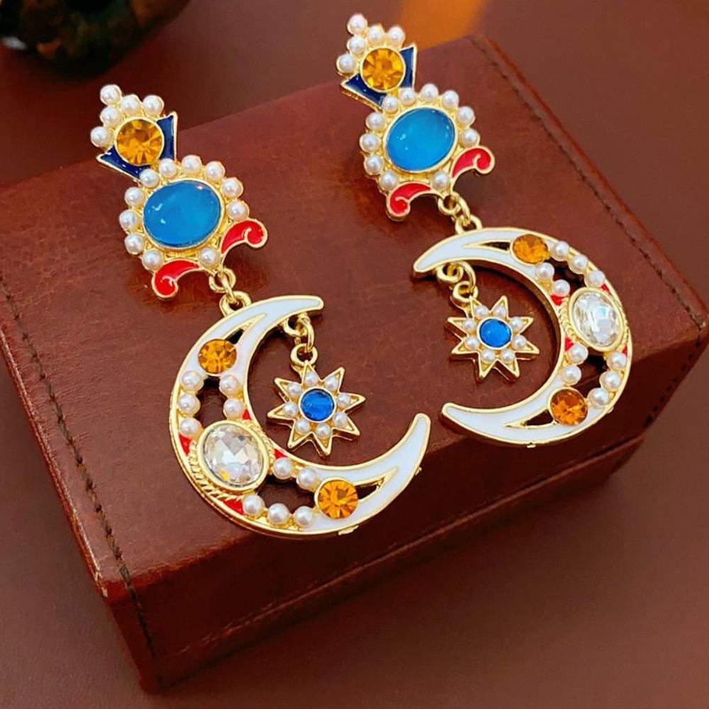 Rhinestone Star Pendant Earrings Ear Jewelry Moon Stud Earrings Vintage Earrings Women Party