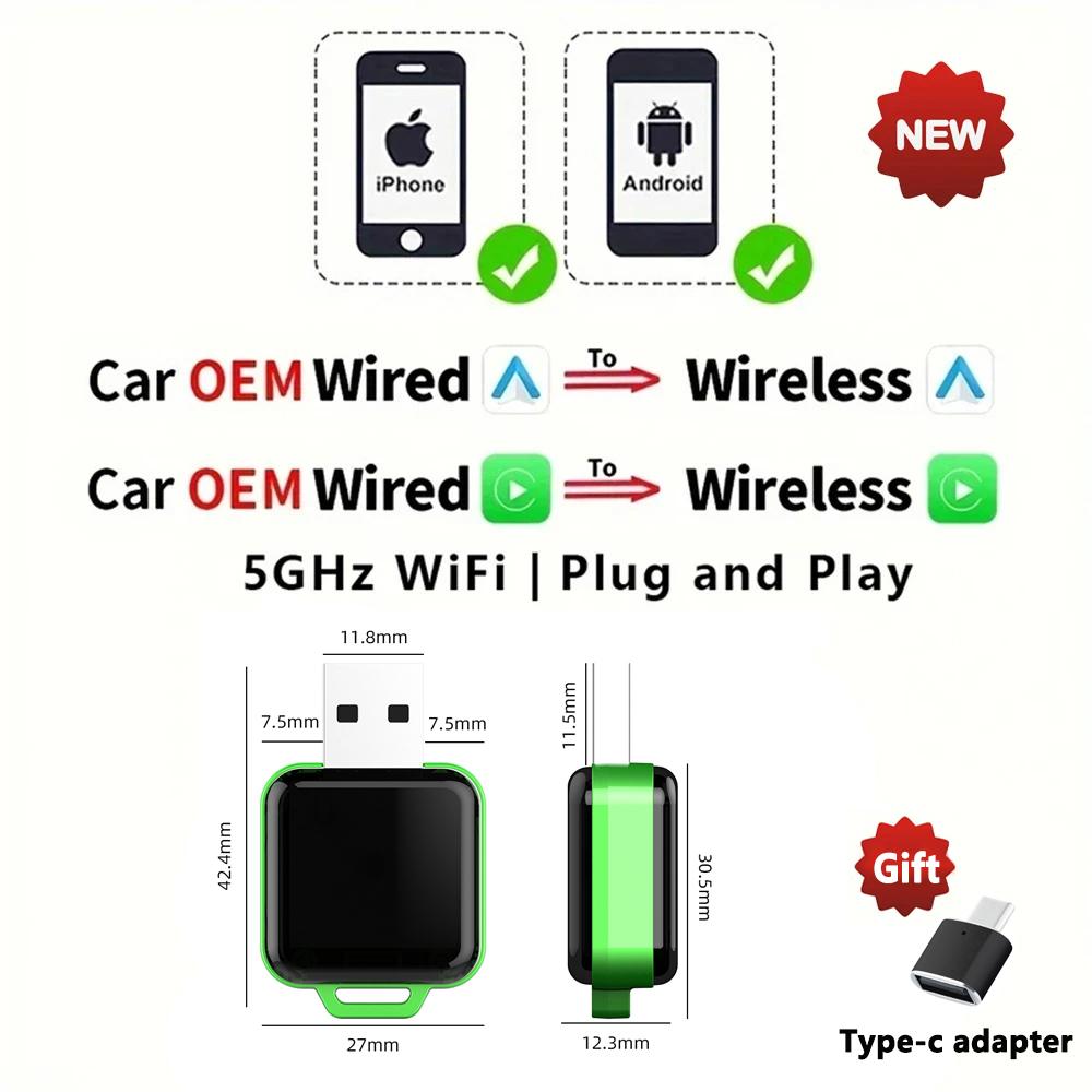 2025 НОВЫЙ 2 в 1 беспроводной Carplay AI Box Android Auto Plug And Play, применимый для преобразования оригинального автомобильного проводного Carplay в беспроводной
