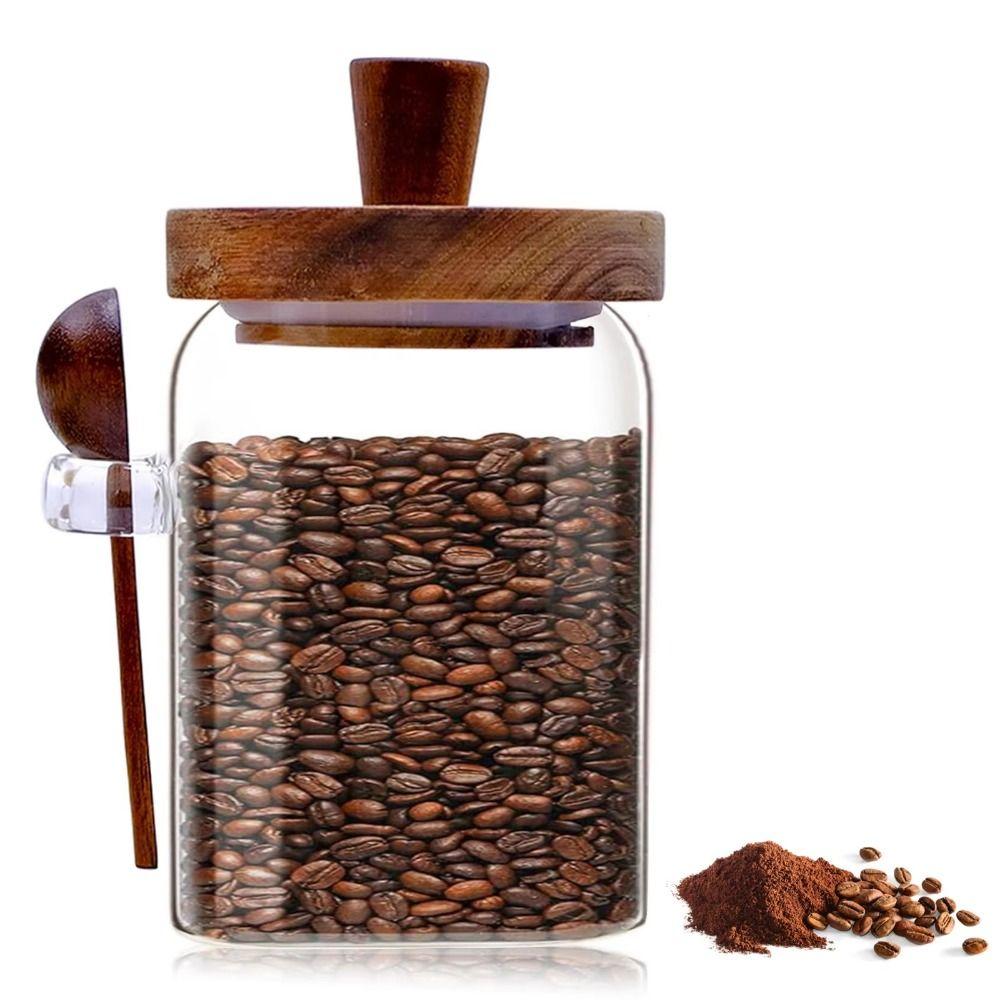With Wooden Lid Coffee Bean Storage Jar With Wood Spoon Clear Spice Storage Tank Seasoning