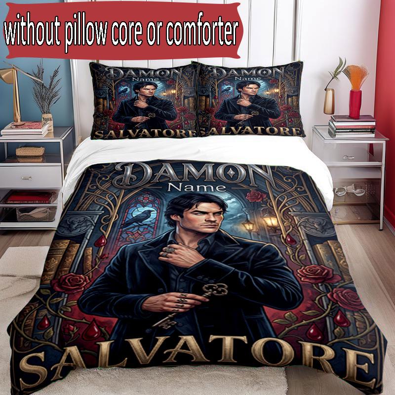 3pcs Duvet Cover Set (1*Duvet Cover + 2*Pillowcase, Without Core), Custom Name Damon Salvatore Pattern Bedding Set, Home Bedroom Decor Gift