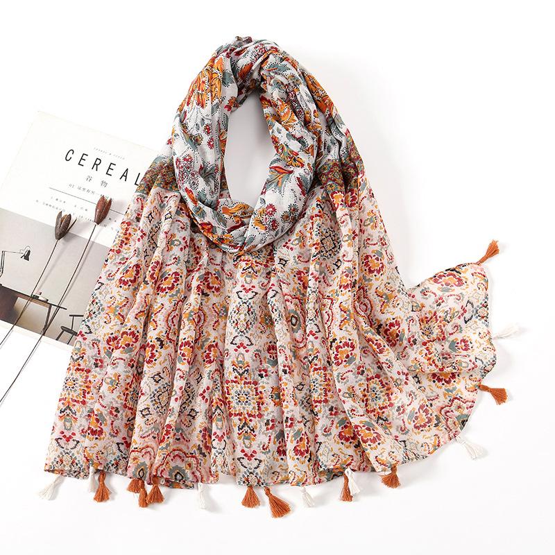 Литературный небольшой свежий хлопковый и льняной ретро-шарф с бахромой, женский напечатанный красивый шелковый шарф, японская солнцезащитная шаль