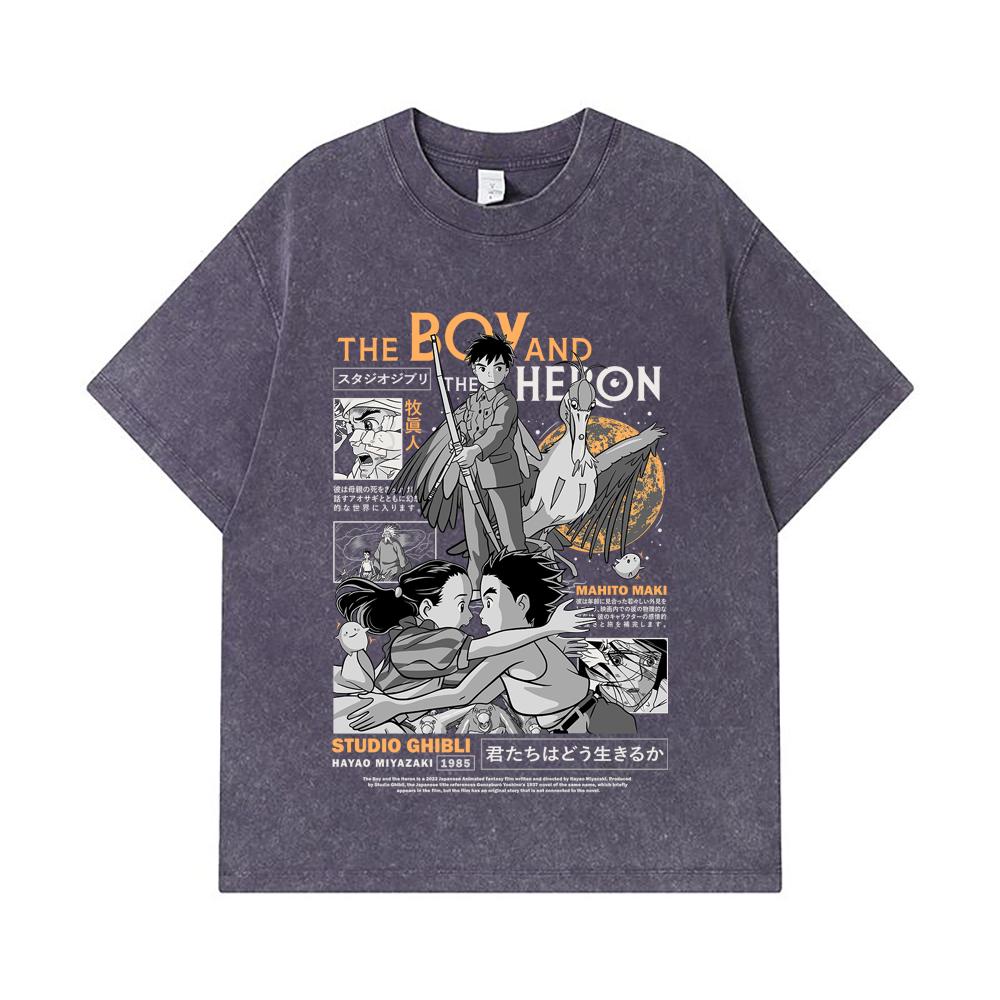 275 GSM Washed T-shirts 100% Cotton Ghibli V3 The Boy The Heron Print Unisex Heavy Cotton T Shirt