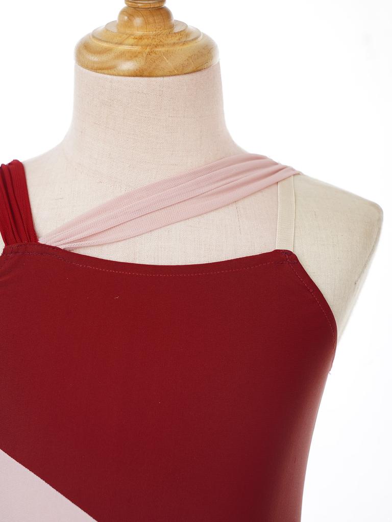 Детские шифоновые лирические танцевальные костюмы без рукавов для девочек, платье-купальник с цветными блоками, современные платья