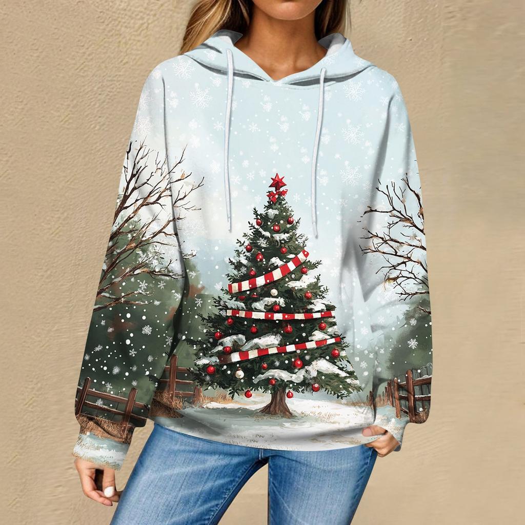 Женская повседневная мода рождественский принт длинный рукав пуловер толстовки с капюшоном свитшоты