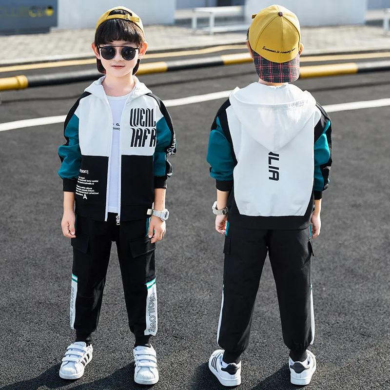 Spring and Autumn Boys Sport Suit Teen Kids Hooded Clothes Casual Zipper Hoodies and Striped Pants Child Tracksuit