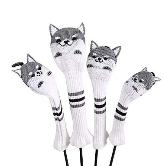 Golf Headcover Set 2 Fairway with Knitted Covers and Akita Dog Design 4-Piece (Driver/Wood, Woods/Hybrid/UT) (Beige)