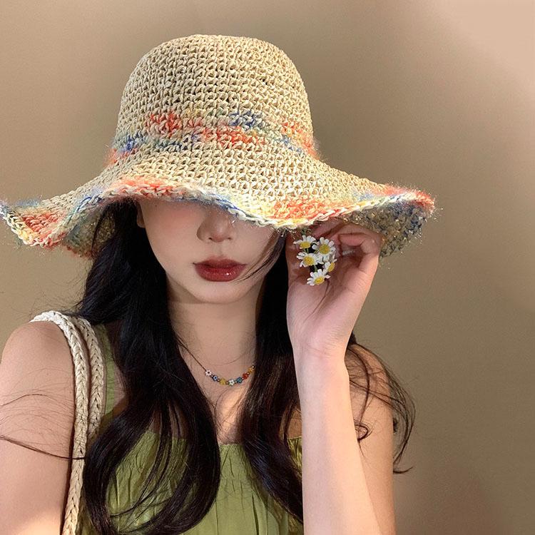 Colorful Woven Women's Summer Seaside Vacation Sun Shading Breathable Hollowed Out Large Brim Hat, Face Enhancing Small Hat