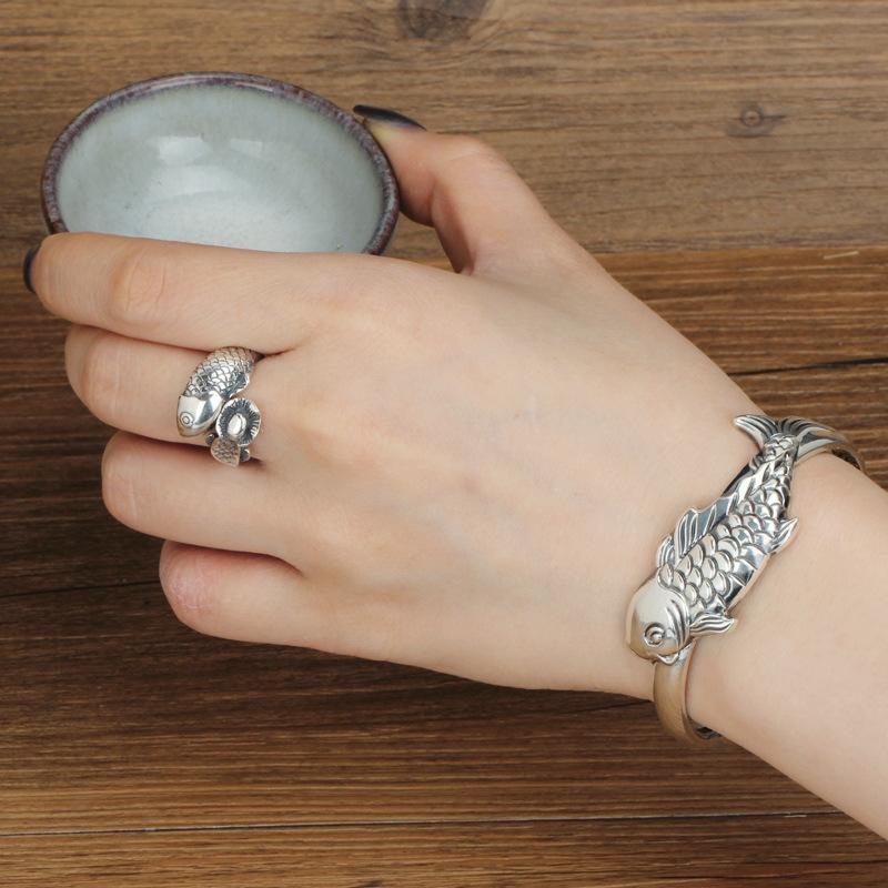 Высококлассный браслет женский браслет «Лотос-рыба» широкой версии в ретро-этническом стиле с открытым концом, украшение для мамы