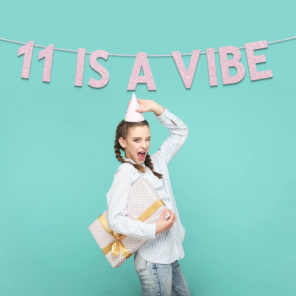 11th Birthday Party Decorations for Girls, Rose Gold Glitter 11 is a Vibe Banner, Cheers to 11 Years Groovy Birthday Party Supplies