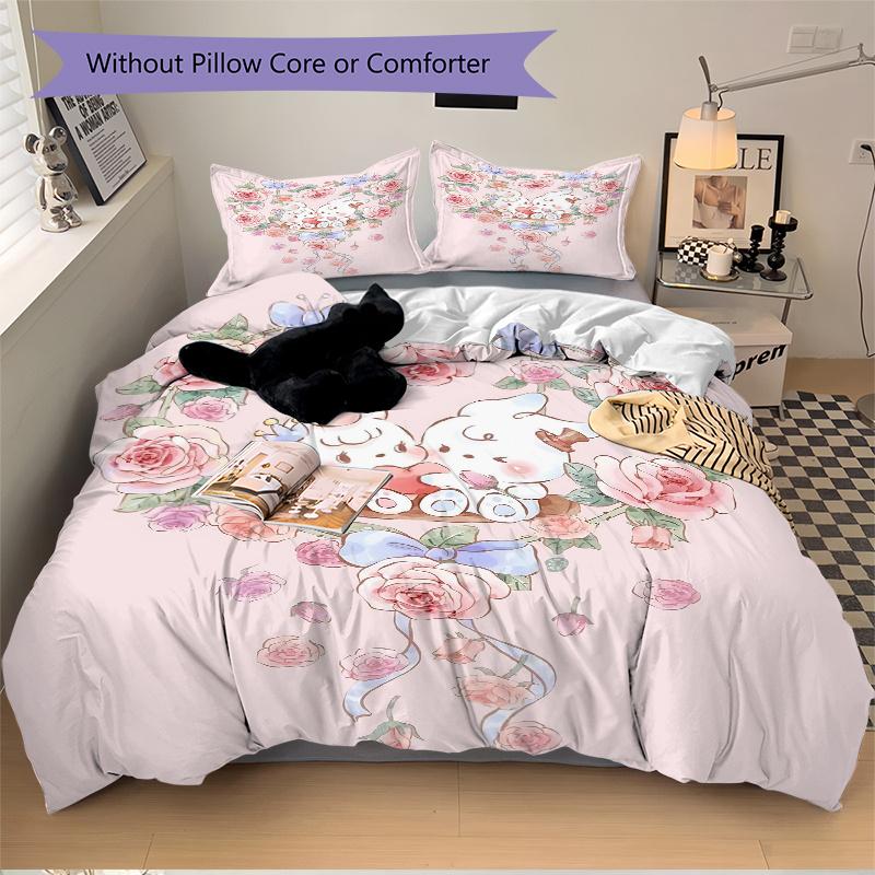 3pcs Love Flowers & Bunnies Printed Quilt Set - Soft and Comfortable Quilt Cover for Bedroom, Guest Room and Dormitory Decorative Bedding Se