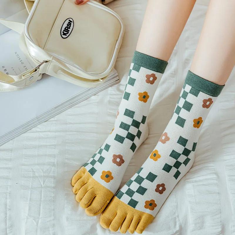 2 Pairs Five Finger Women Animals Cartoon Print Japanese Cute Socks Casual Plaid Floral Vintage Female Sock