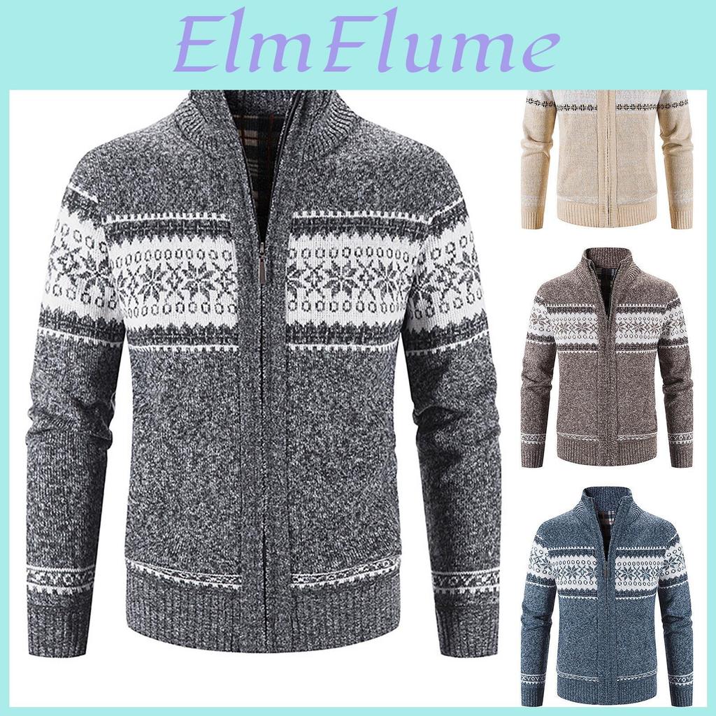 Winter Zipper Casual Mens Autumn Sweater Stand Collar Printed Cardigan Tops Sweater Blouse Coat