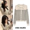 Zhao Lusi Style Striped Polo Collar Wool Knit Sweater - Women's Spring Slim Fit Long Sleeve Top