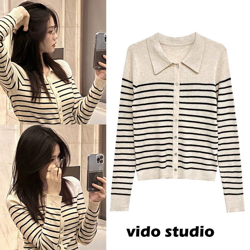 Zhao Lusi Style Striped Polo Collar Wool Knit Sweater - Women's Spring Slim Fit Long Sleeve Top