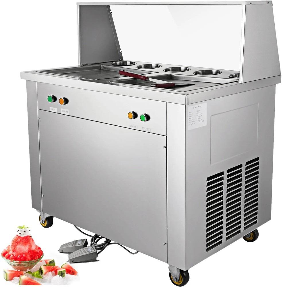 Commercial Rolled Ice Cream Machine, 1000W Fried Yogurt Maker, Double-Layer Dust Cover & Feeding Cups Included