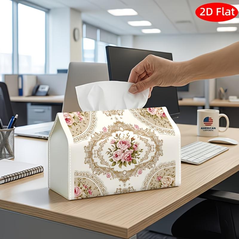 2D Flat, 1pc Tissue Box, Printed on Both Sides, Tissue Box with Checkered Lid Ornate Floral Pattern on Light Fabric Design, Durable Fabric Multi Funct