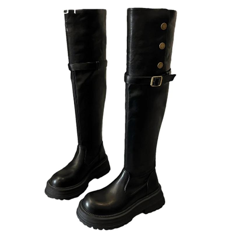 Модные женские кожаные высокие сапоги на платформе, туфли на плоской подошве, высокие сапоги до колена, женские трендовые зимние платья 2025 года, готические ретро-сапоги для снега, Mujer Botas