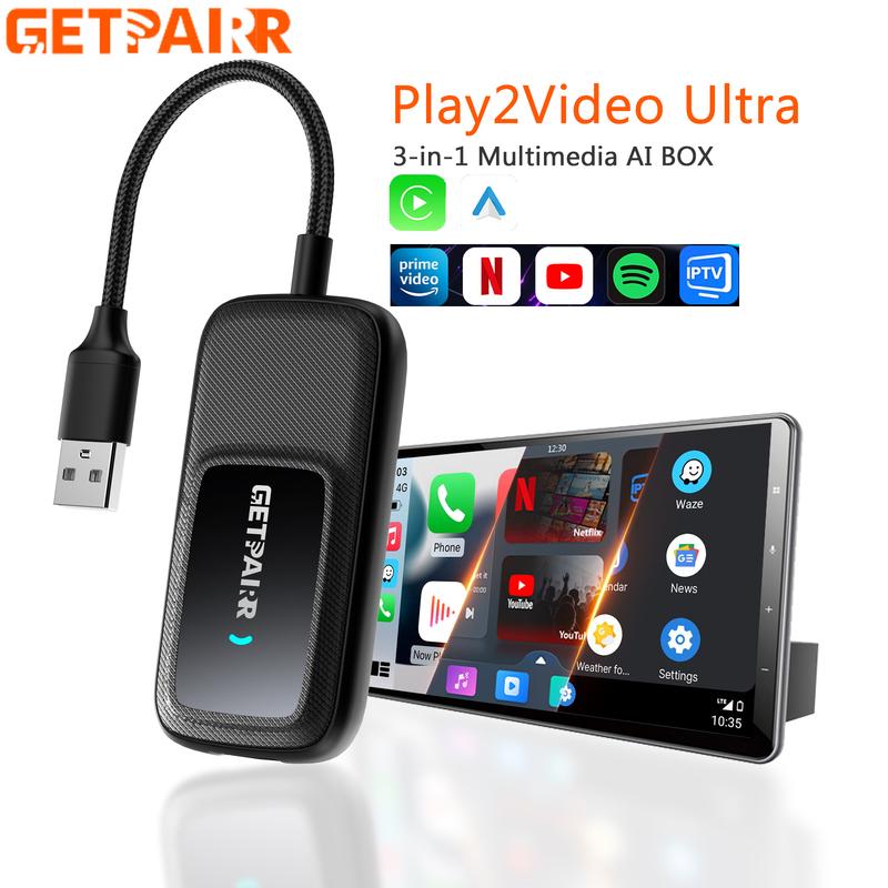 Getpairr Play2Video Ultra Ai Box Wireless Carplay Android Auto Adapter Built in Youtube Netflix Video Box For 98% of Cars