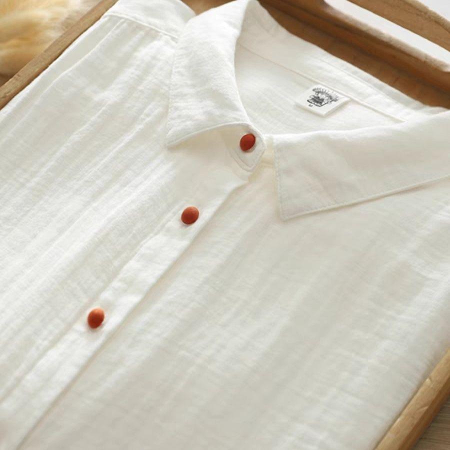 Женская блузка с длинным рукавом из двухслойной хлопковой марли с цветными пуговицами и отложным воротником для весны и осени