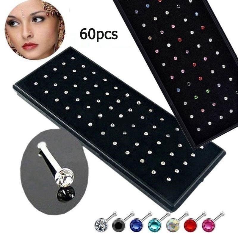 60pcs Nose Ring Set Women Girl Crystal Stainless Steel Nose Piercing Nose Stud Lot Body Jewelry