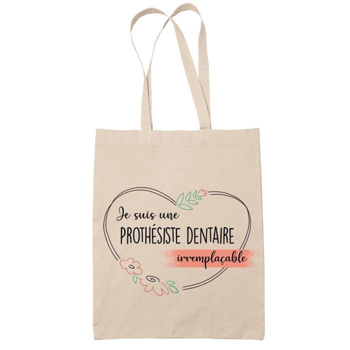 Tote bag - PLANETEE - Prothésiste Dentaire femme Irremplaçable - Coton - Beige - Anses solides