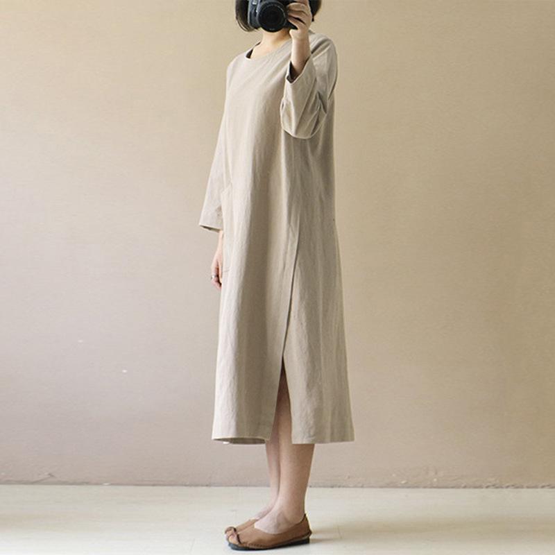 Spring and Autumn Women's Plus Size Dress Medium Long Literary Retro Long Sleeve Mor Dressi