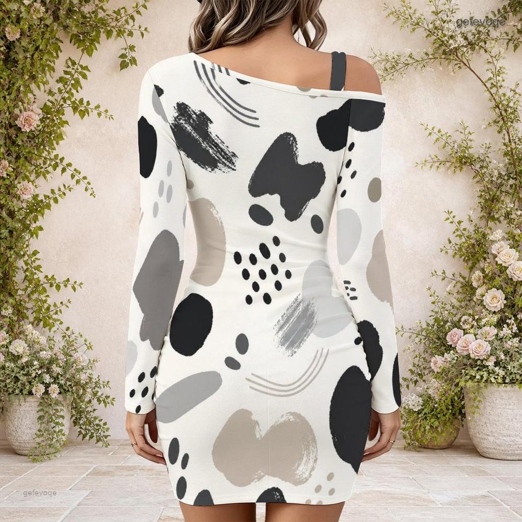 Women Plus Size Abstract Printed One Shoulder Long Sleeve Bodycon Mini Dress