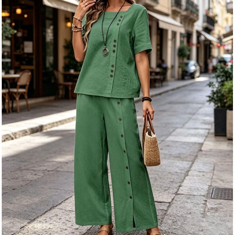Women's Fashionable Loose Round-neck Button Short-sleeved Shirt and Wide-leg Pants Set
