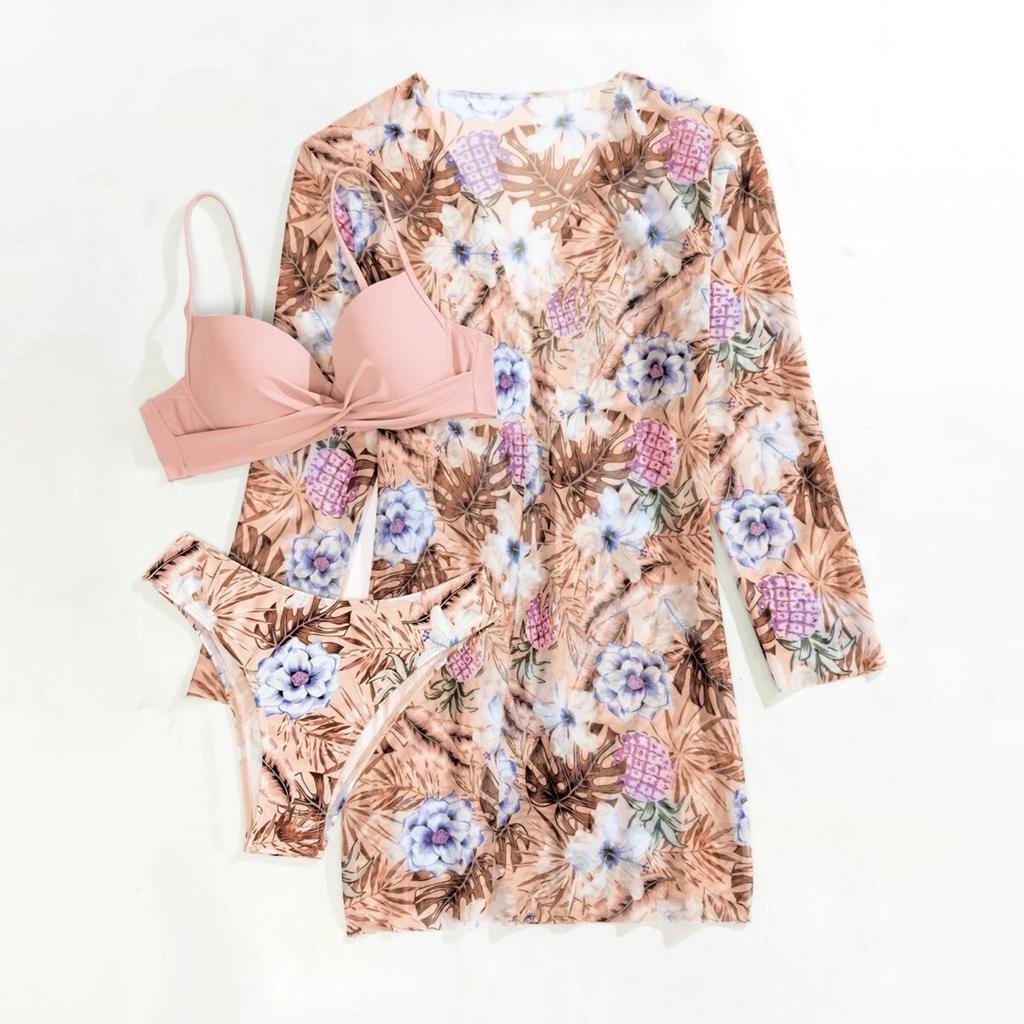 Женский бикини с цветочным принтом, сексуальный быстросохнущий купальник, комплект из 3 предметов